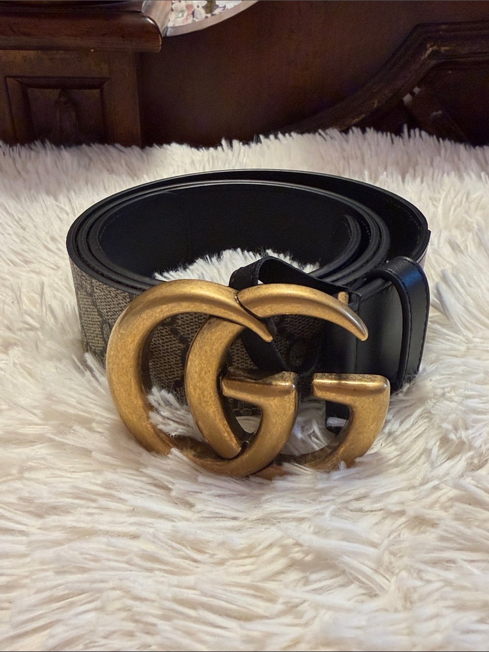 Gucci Brown Monogram Canvas Belt with Gold Double G Buckle
